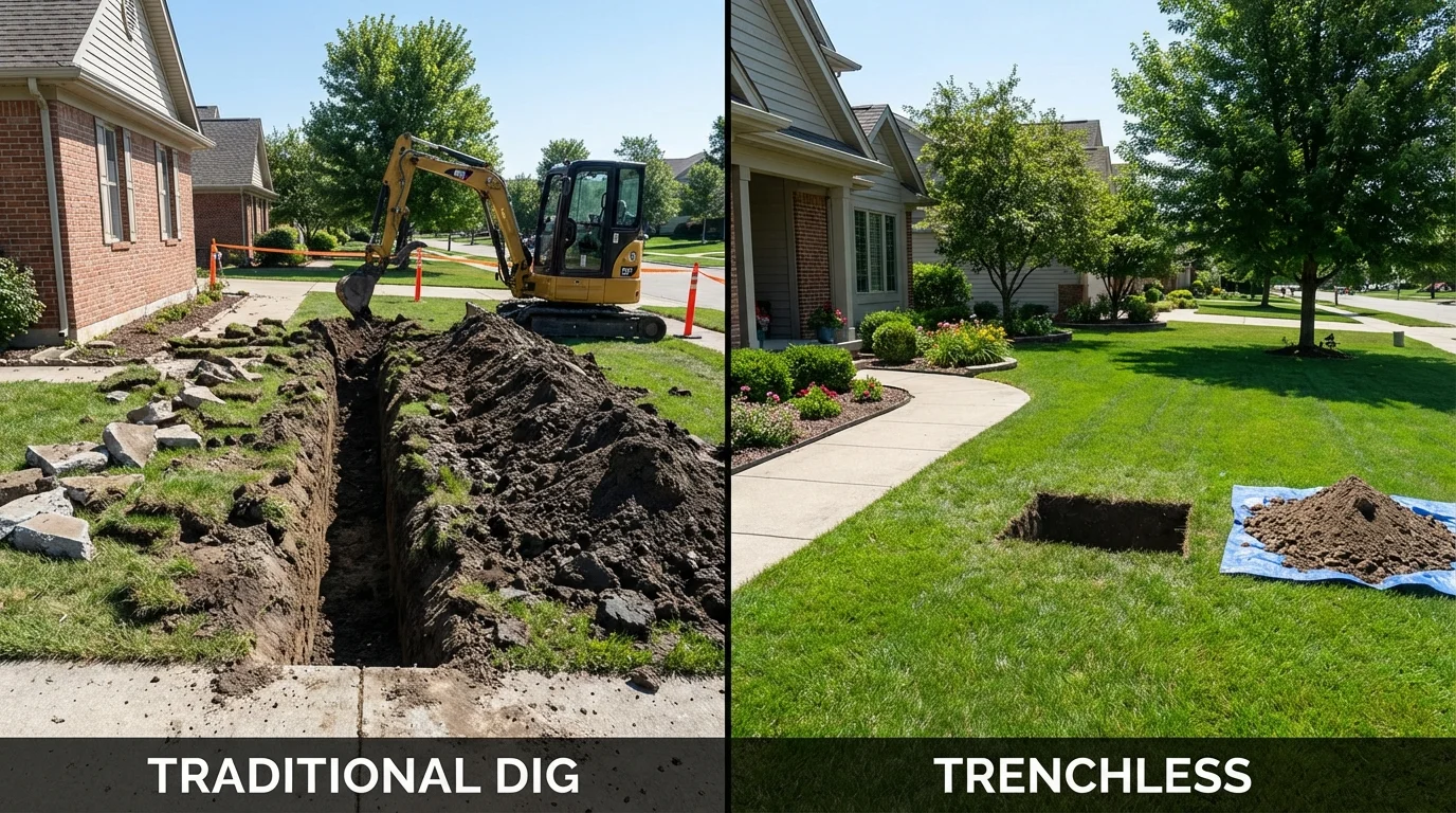 Trenchless sewer repair with minimal yard damage versus traditional excavation in Douglas, MI